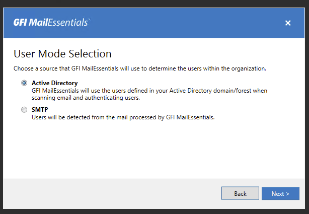 GFI MailEssentials user mode selection set to Active Directory