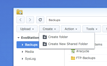 Create menu in Synology File Station with New Shared Folder selected