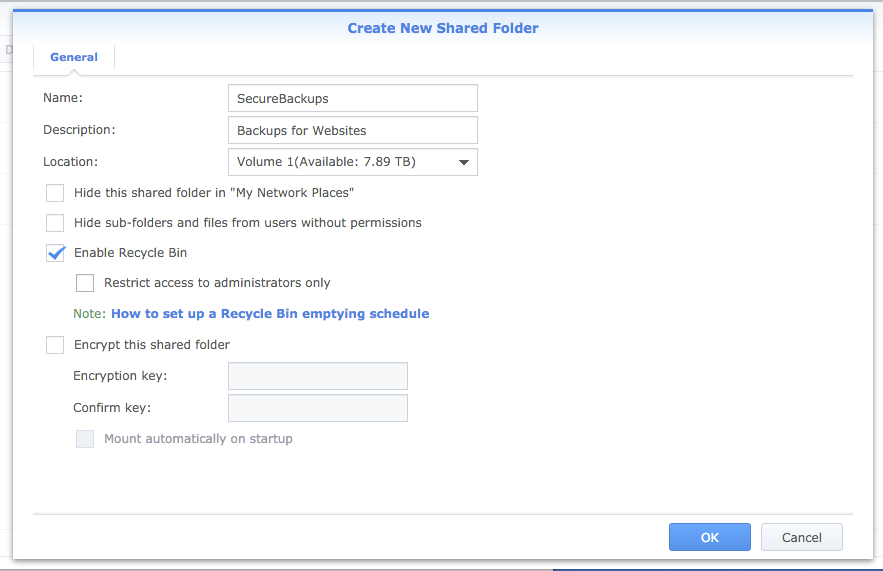 New Shared Folder dialog for SecureBackups with Recycle Bin enabled