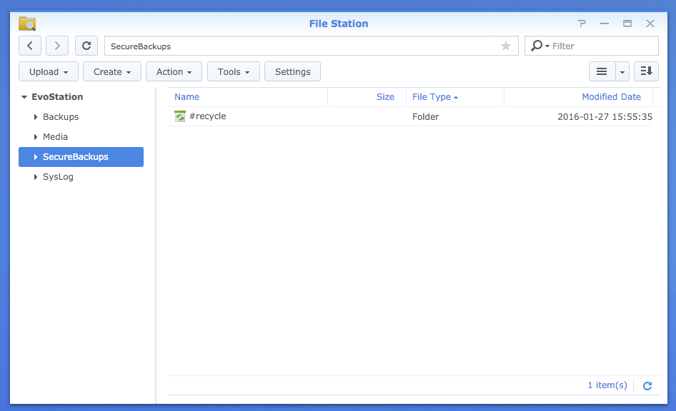 SecureBackups shared folder visible in Synology File Station