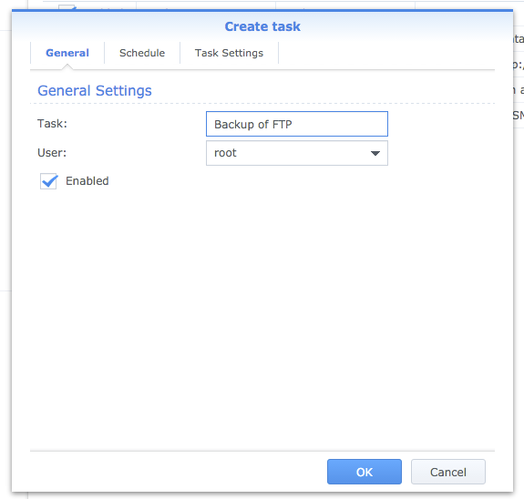 Create Task dialog configured for a scheduled user-defined script