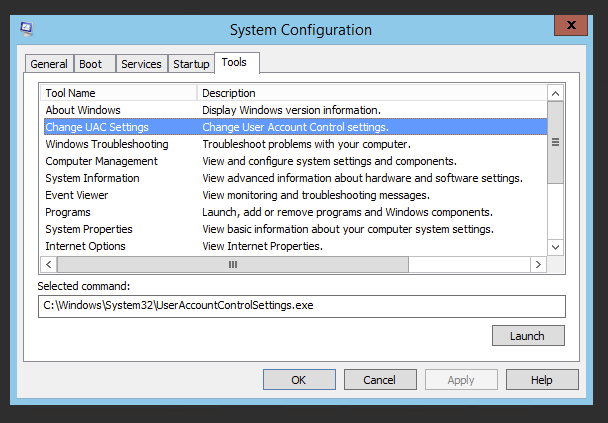 System Configuration tool list with Change UAC Settings highlighted