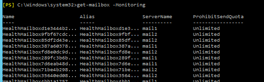 Exchange Management Shell output listing healthy monitoring mailboxes across servers