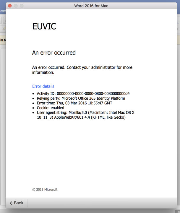 Office for Mac activation error details page with activity ID and relying party information