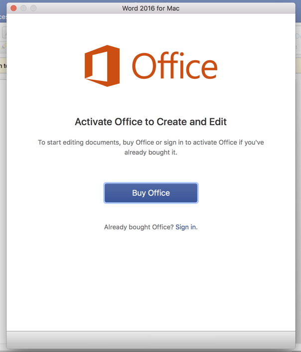 Office for Mac activation screen asking the user to sign in