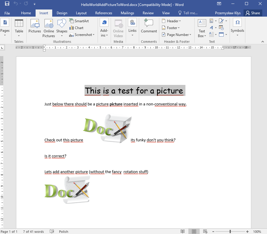 Microsoft Word document showing the inserted image produced by the DocX sample