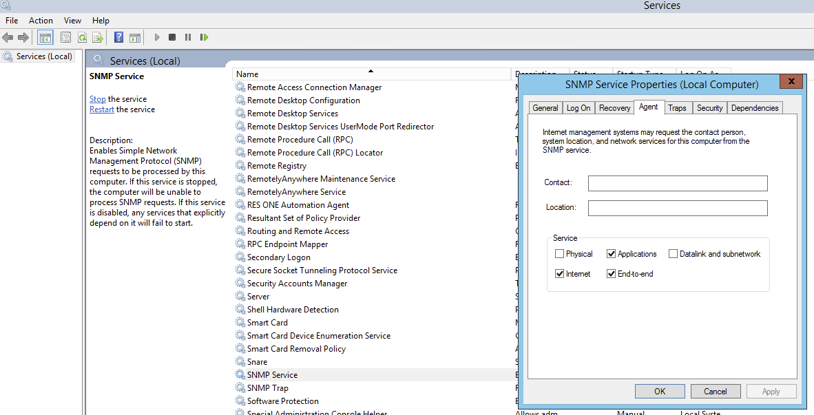 SNMP Service Properties dialog with the Agent tab open