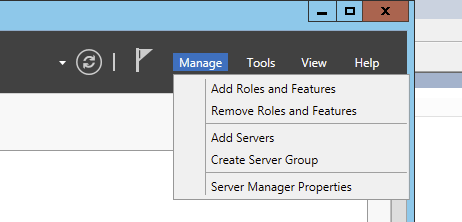 Server Manager Manage menu with Add Roles and Features selected