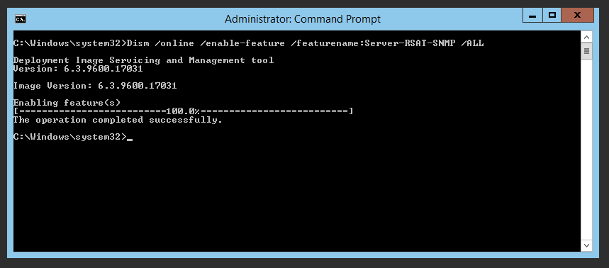 Administrator Command Prompt showing DISM enabling the SNMP feature