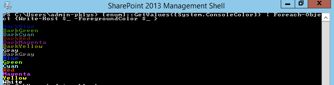 PowerShell ConsoleColor list showing colors and omitting black