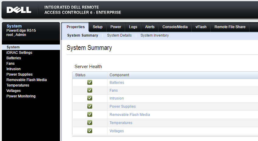 Dell iDRAC 6 dashboard with iDRAC Settings selected