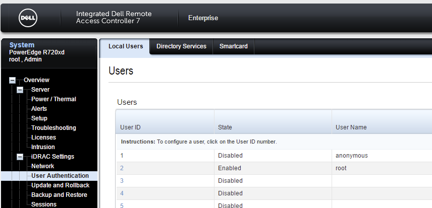Dell iDRAC 7 user authentication list with User ID 2 for root