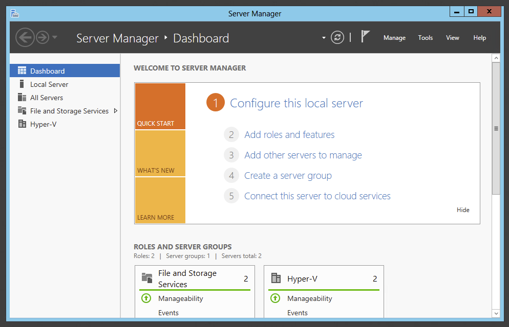 Server Manager dashboard on Windows Server 2012 with the Quick Start pane visible
