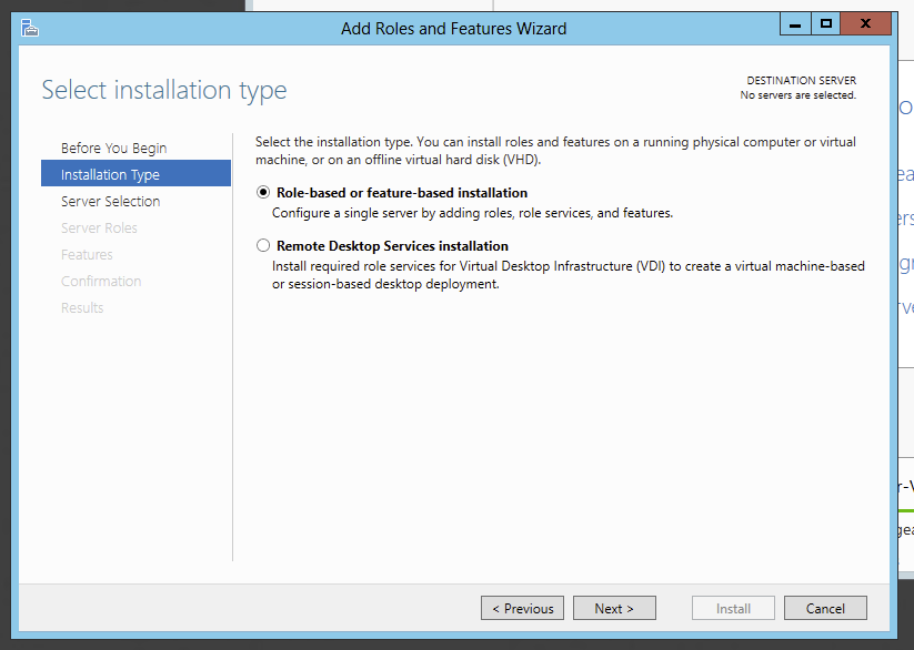 Add Roles and Features wizard with Role-based or feature-based installation selected