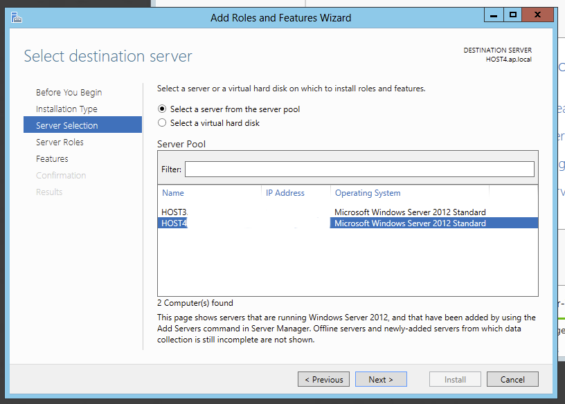 Add Roles and Features wizard on the Server Selection page with a server chosen from the pool
