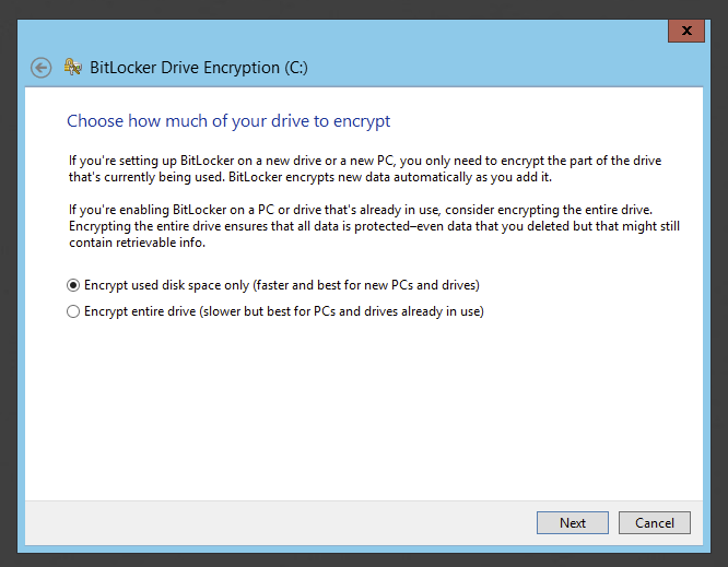 BitLocker wizard page after saving the recovery key and before continuing