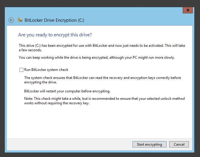 BitLocker wizard asking whether to encrypt the entire drive or used space only