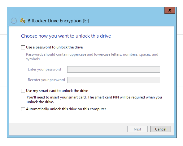 BitLocker wizard asking how to unlock the fixed data drive