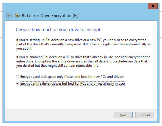 BitLocker wizard asking whether to encrypt the whole drive or just used space