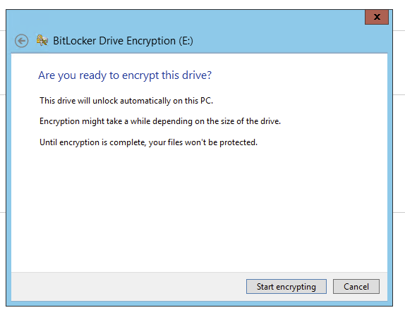 BitLocker drive encryption confirmation page for drive E with the Start encrypting button