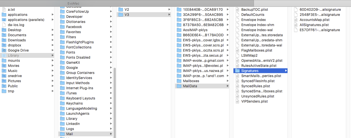 Mac Library Mail V3 MailData Signatures folder opened in Finder