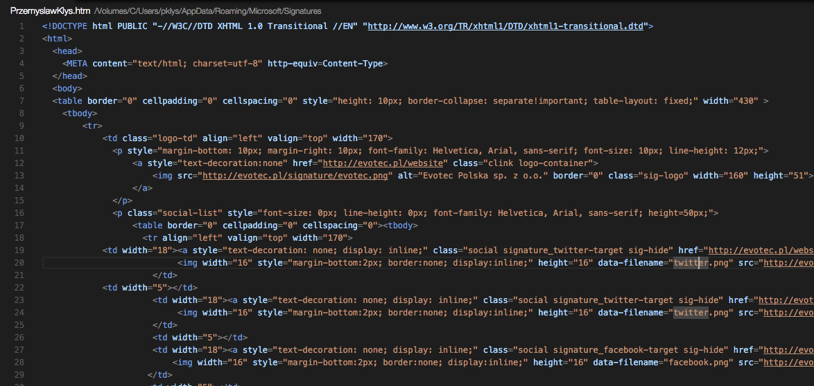 Mail signature file in TextEdit with the HTML content section ready to replace