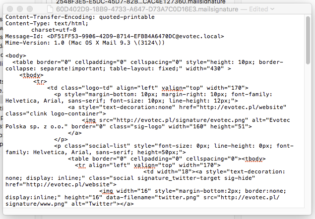 HTML email signature source with the body content selected for copying