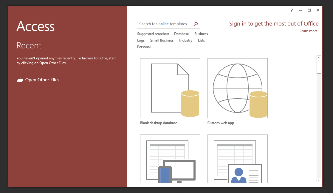 Microsoft Access 2016 start screen