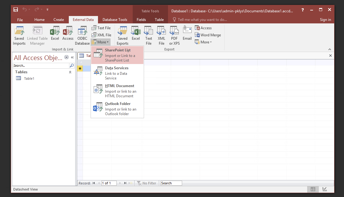 Access 2016 External Data menu with SharePoint List option