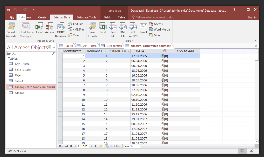 Imported SharePoint lists shown in Access
