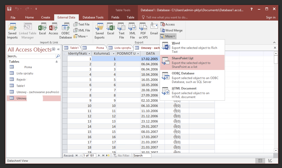 Access export menu with SharePoint List option