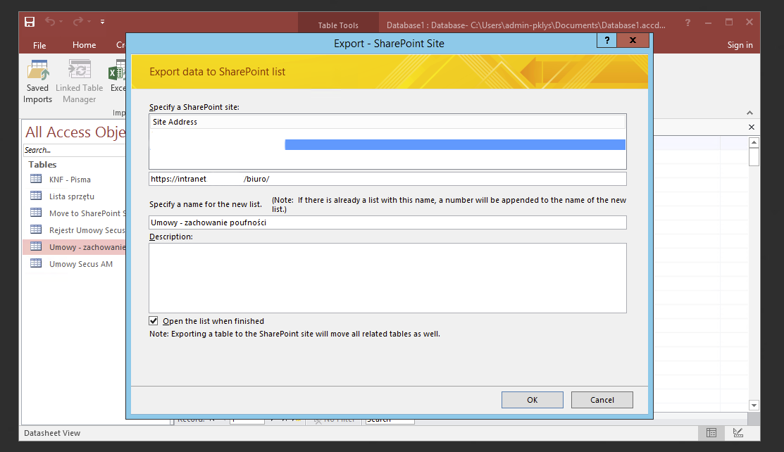 Access Export Wizard for a SharePoint 2013 list