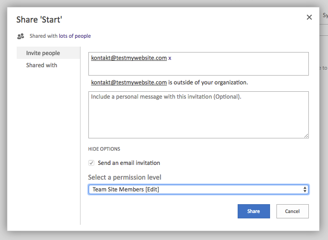 SharePoint Online sharing dialog with an external customer email address entered before sending the invitation.