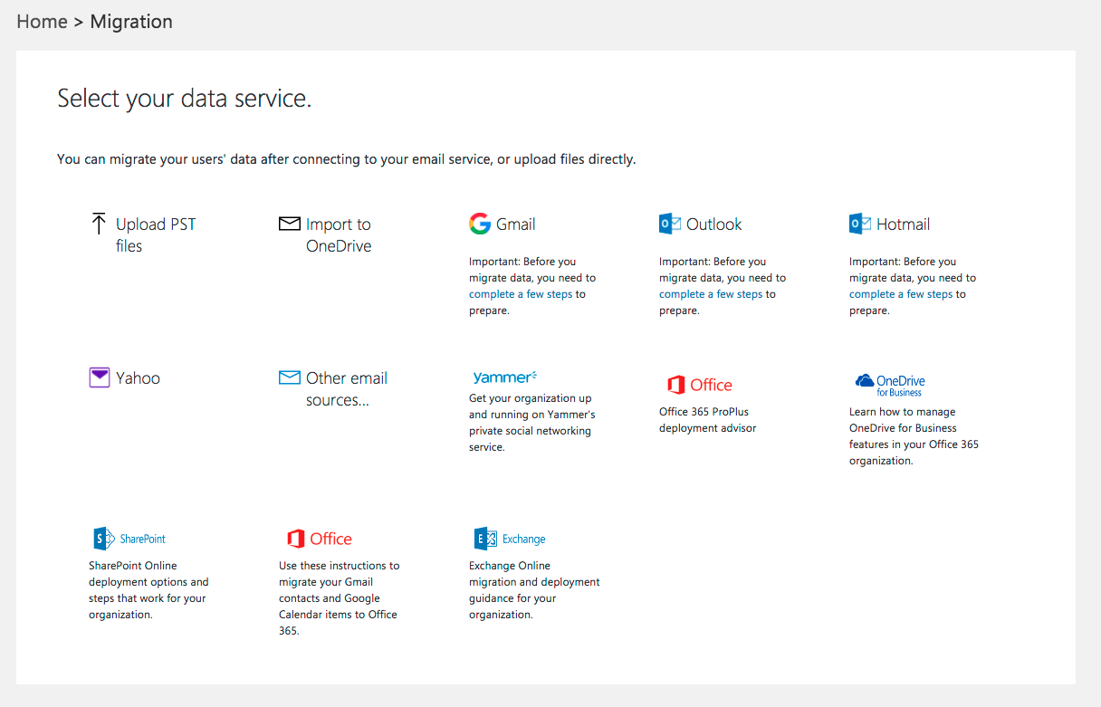 Office 365 migration options screen showing failed mailbox migration attempt