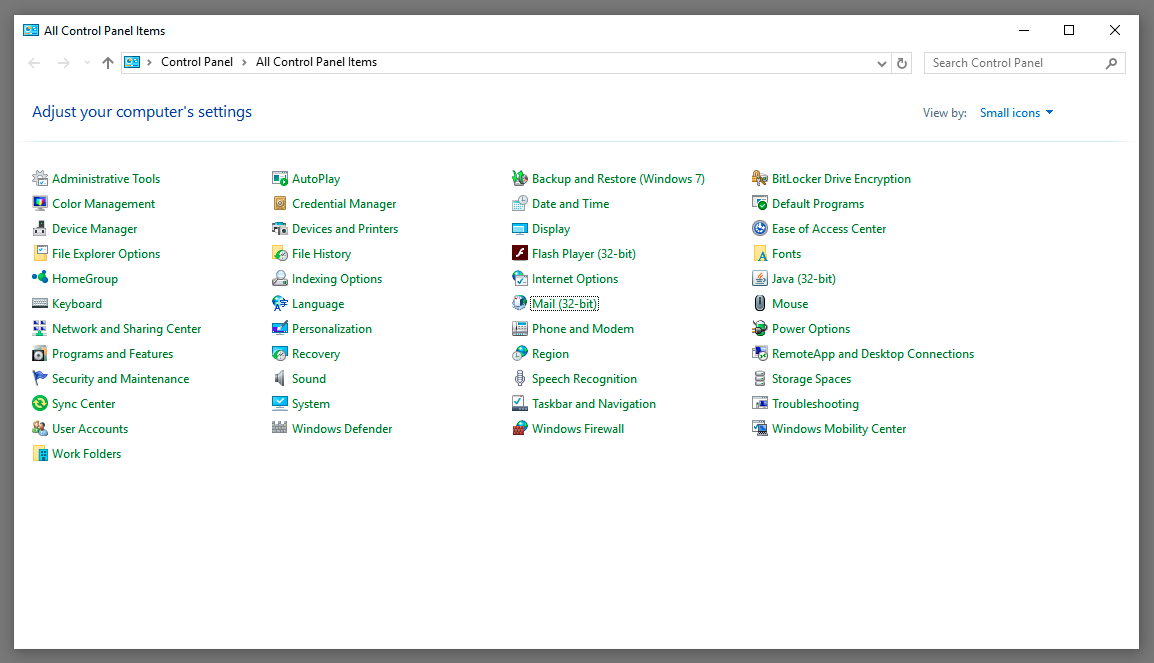 Windows Control Panel opened in small icons view with Mail available