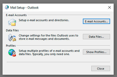 Mail Setup dialog in Control Panel with E-mail Accounts button