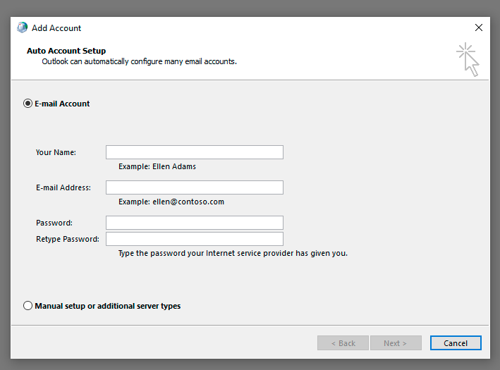 Add Account wizard in Outlook for configuring another Office 365 mailbox