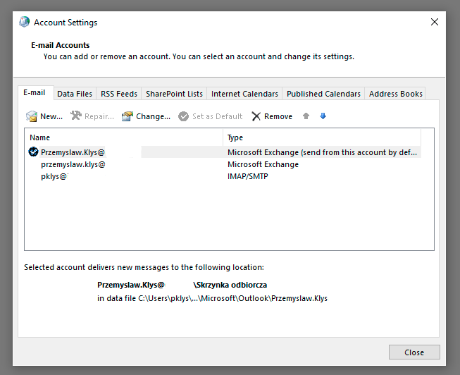 Exchange account change settings window for an Office 365 mailbox in Outlook
