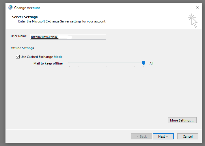 Outlook cached Exchange mode settings with Mail to keep offline set to All
