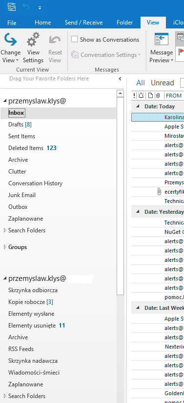Outlook mailbox view with two Office 365 accounts ready for drag and drop migration
