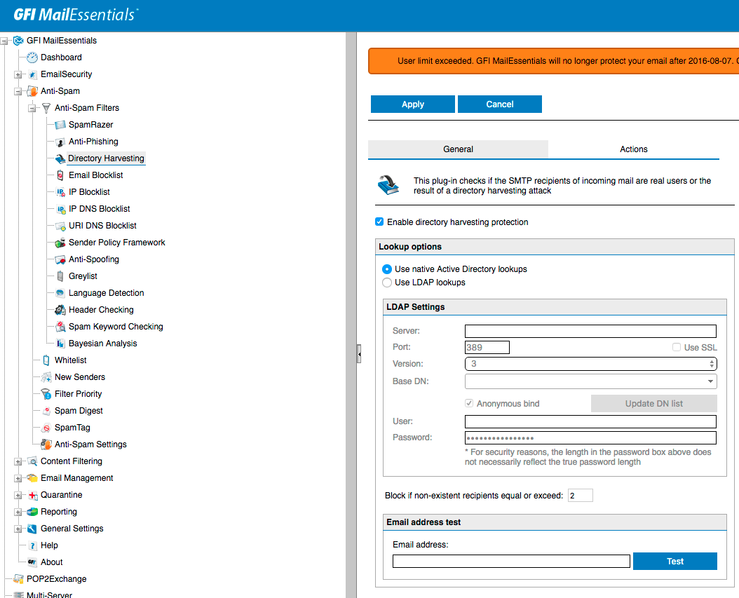 GFI MailEssentials Directory Harvesting settings with native Active Directory lookups enabled