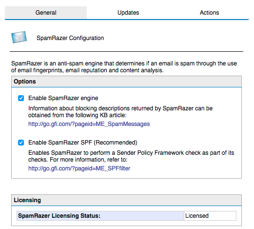 SpamRazer SPF filter settings in GFI MailEssentials