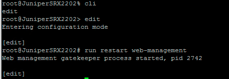 Juniper SRX CLI output showing the run restart web-management command and confirmation that the web management gatekeeper process started.
