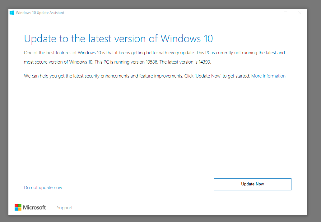 Windows 10 Update Assistant offering the Anniversary Update download