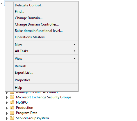 Delegate Control option selected from the Active Directory context menu