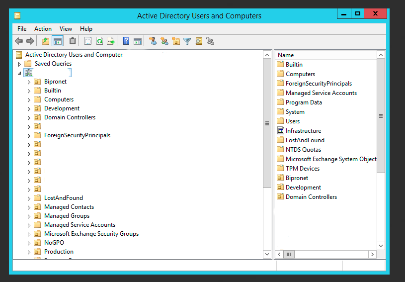 Active Directory Users and Computers console with the domain tree selected
