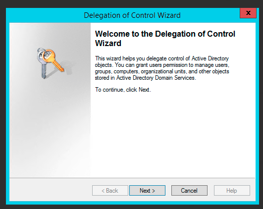 Welcome screen of the Delegation of Control Wizard in Active Directory Users and Computers