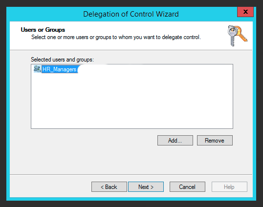 Users or Groups step in the Delegation of Control Wizard with a group selected