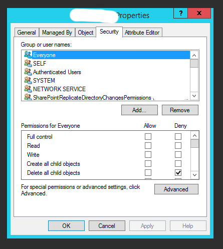 Security tab of Active Directory object properties with the Advanced button highlighted