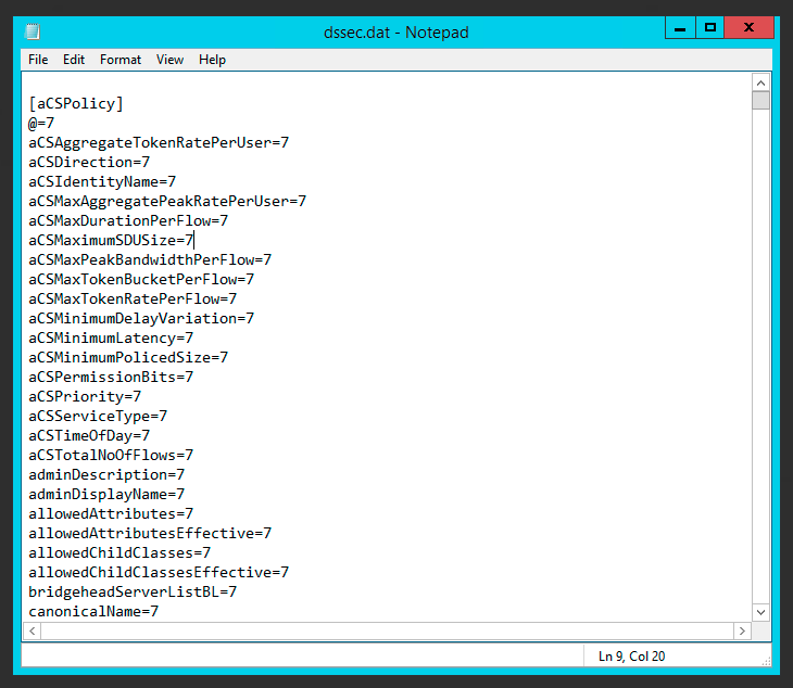 Contents of dssec.dat showing filtered attribute settings for Active Directory objects
